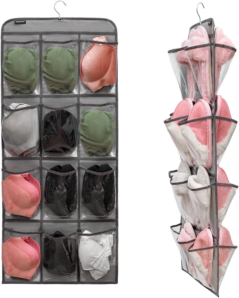 ANZORG Dual Sided Hanging Shoe Organizer for Closet with Rotating Hanger Hanging Shoe Rack Holder with 24 Large Pockets (GREY-Clear Pockets) - Image 1